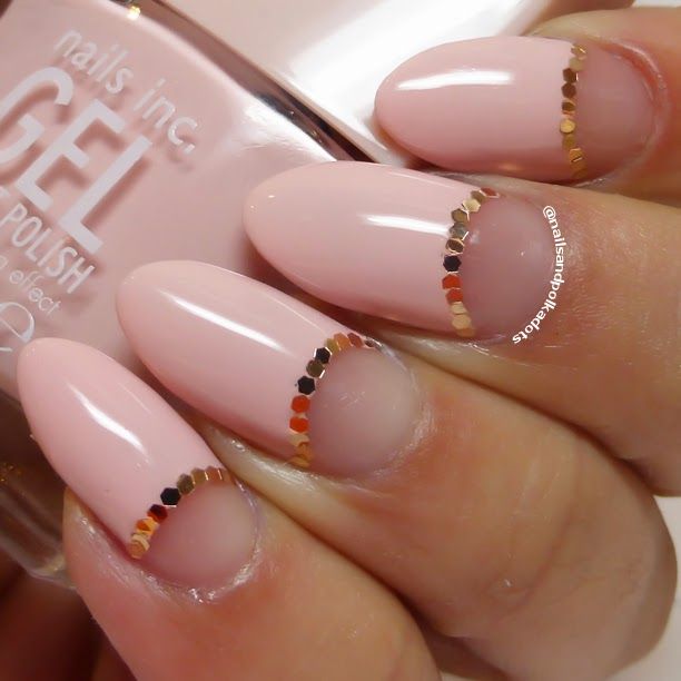 Baby Pink Nails With Glitter Sequins Half Moon Nail Art