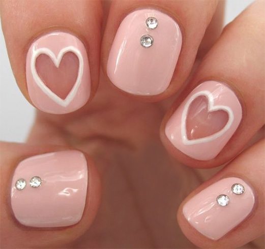 Baby Pink Negative Space Heart Nail Art With Rhinestones Design Idea