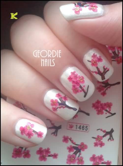 Beautiful Chinese Pink Flower Nail Art