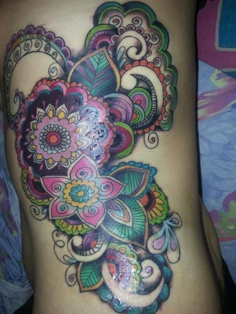 Beautiful Colored Paisley Mandala Flower Pattern Tattoo On Side Rib