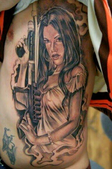 Beautiful Grey Gangsta Girl Tattoo On Side Rib