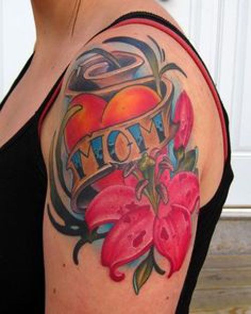 Beautiful Mom Banner With Flowers Tattoo On Left Shoulder