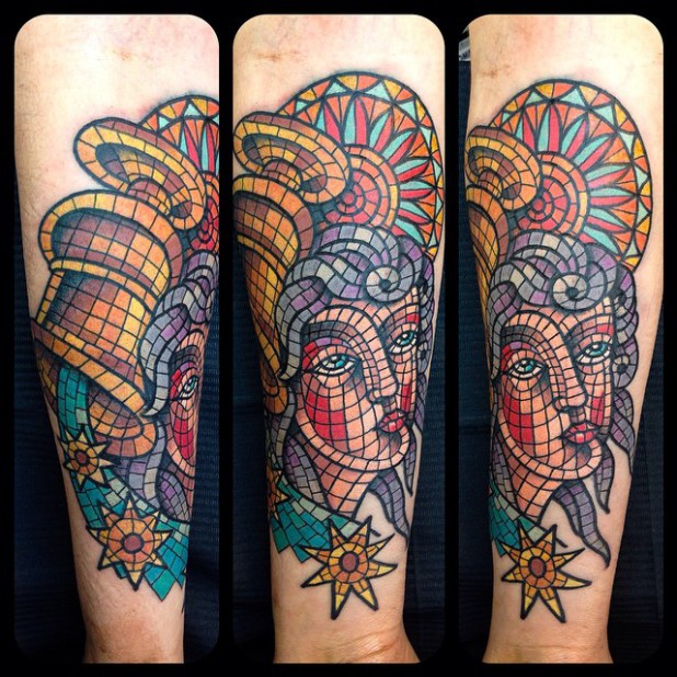 Beautiful Mosaic Lady Tattoo On Forearm