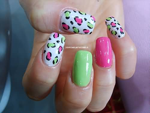 Beautiful Pink And Green Leopard Print Nail Art