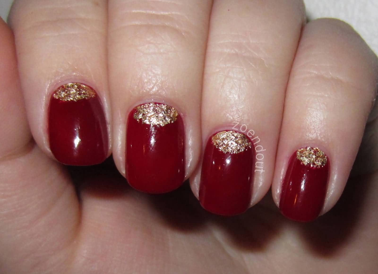 Beautiful Red Glossy Nails With Gold Glitter Half Moon Nail Art