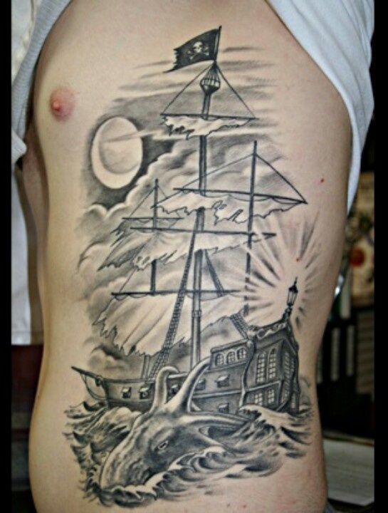 Beautiful Water Monster And Jolly Roger Ship Tattoo On Side Rib