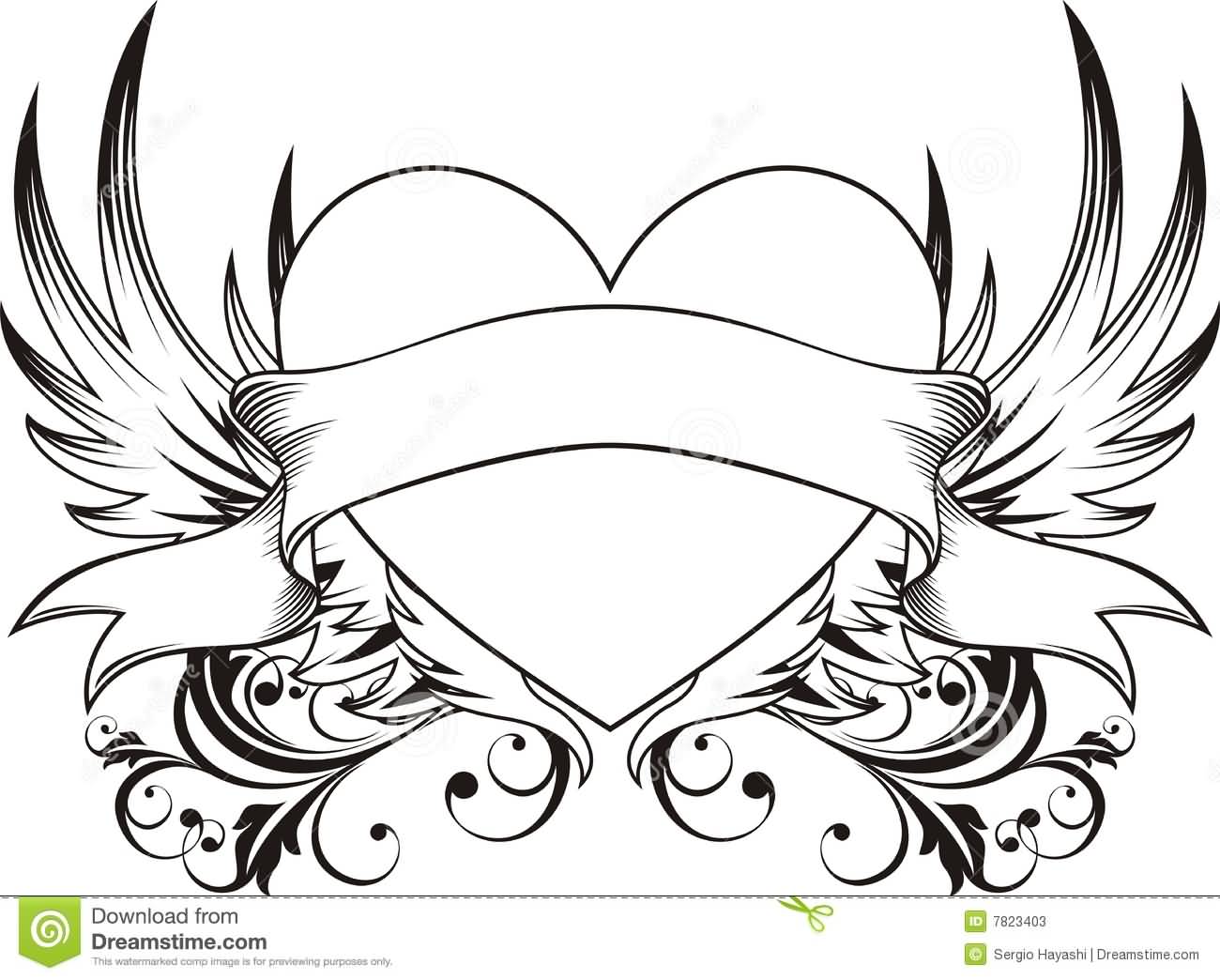 Beautiful Winged Heart Love Tattoo Stencil