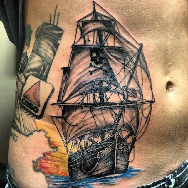 Best Jolly Roger Ship Tattoo On Stomach