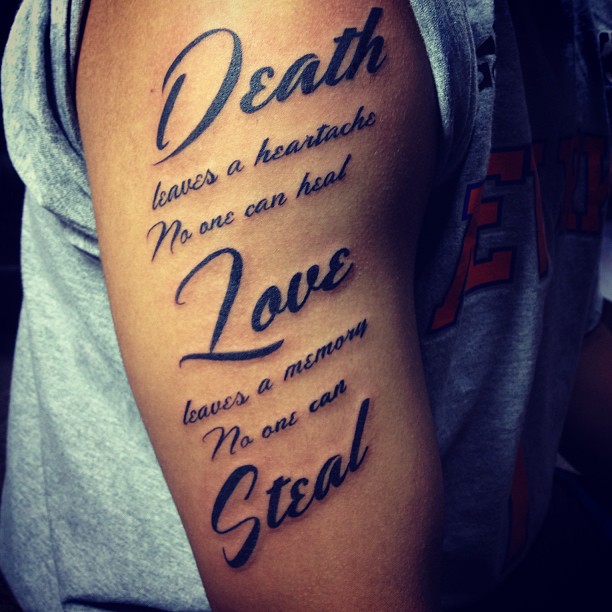 Best Love With Death Quote Tattoo On Right Half Sleeve