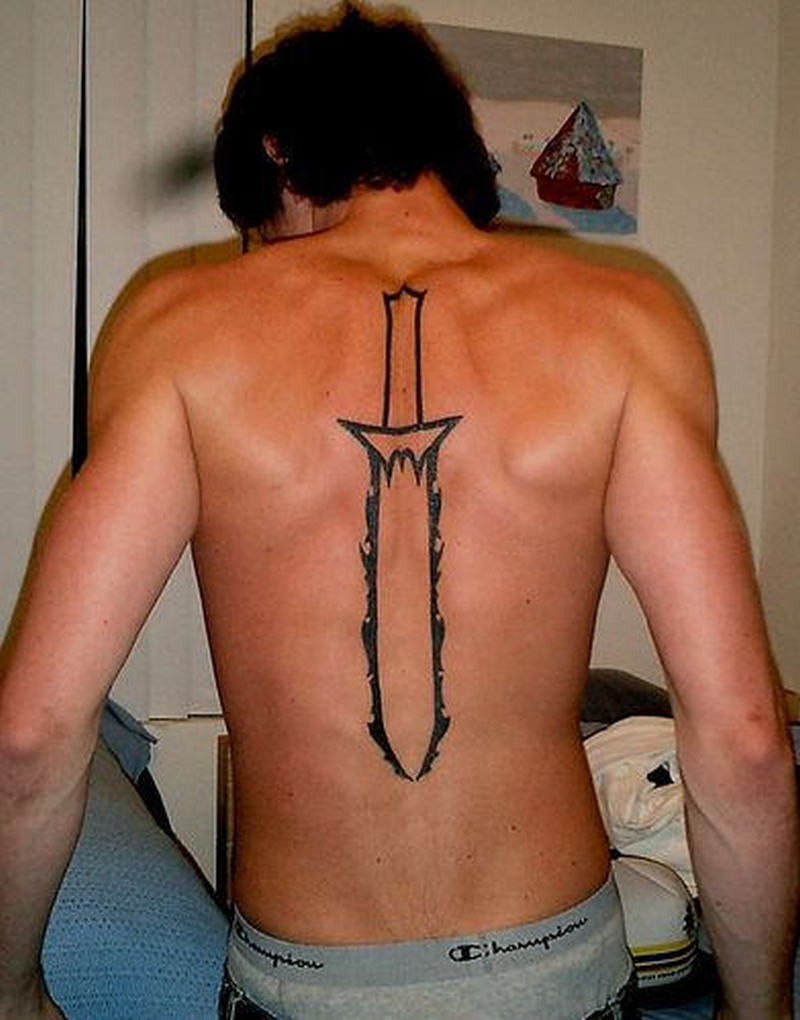 Big Dagger Tattoo On Back For Men