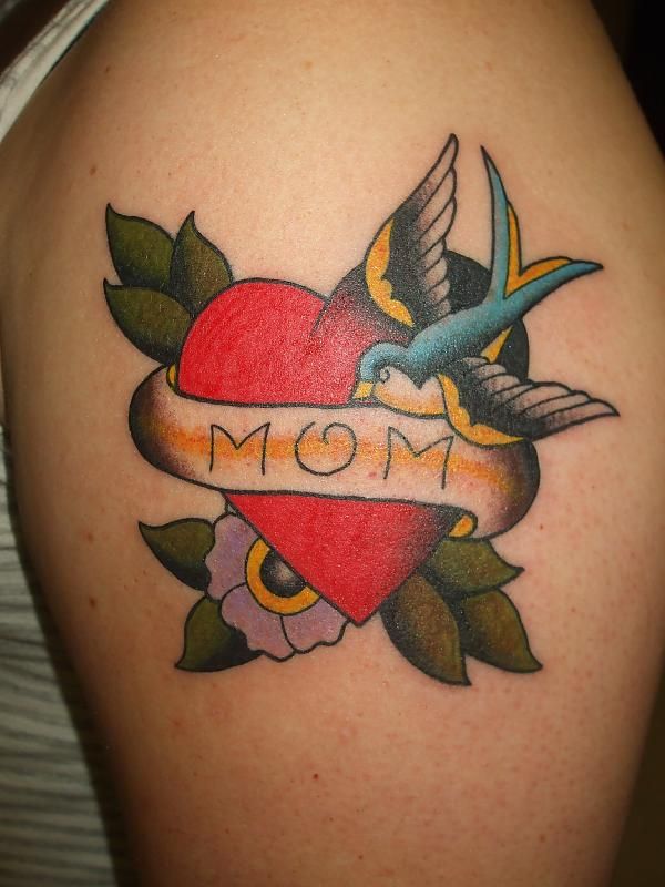 Bird With Heart Mom Tattoo On Left Shoulder