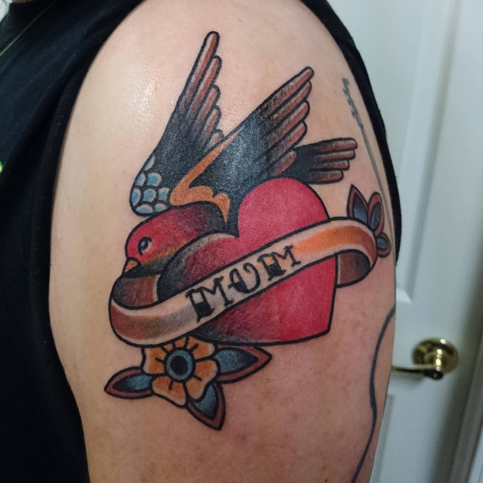 Bird With Love Mom Traditional Tattoo On Left Shoulder