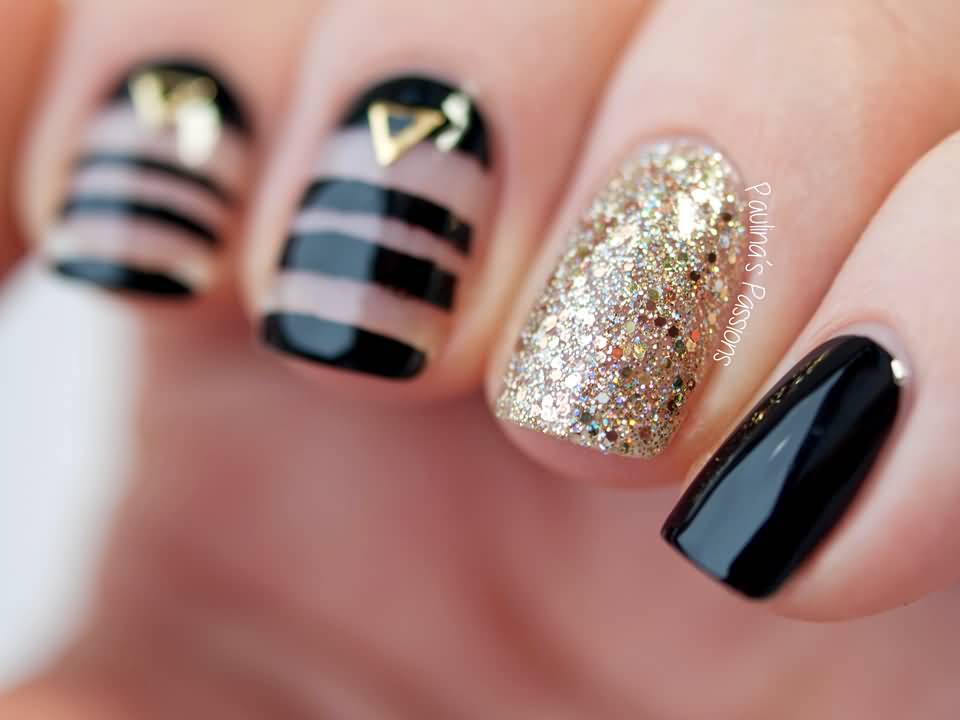 Black And Gold Negative Space Nails With Studs Design Idea