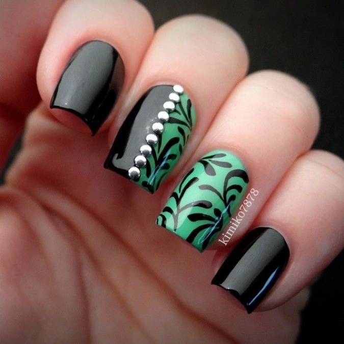 Black And Green Nail Art With Silver Caviar Beads Design Idea