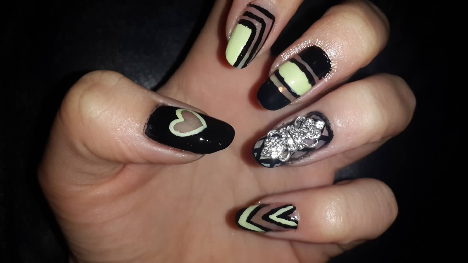 Black And Green Negative Space Nail Art Designs