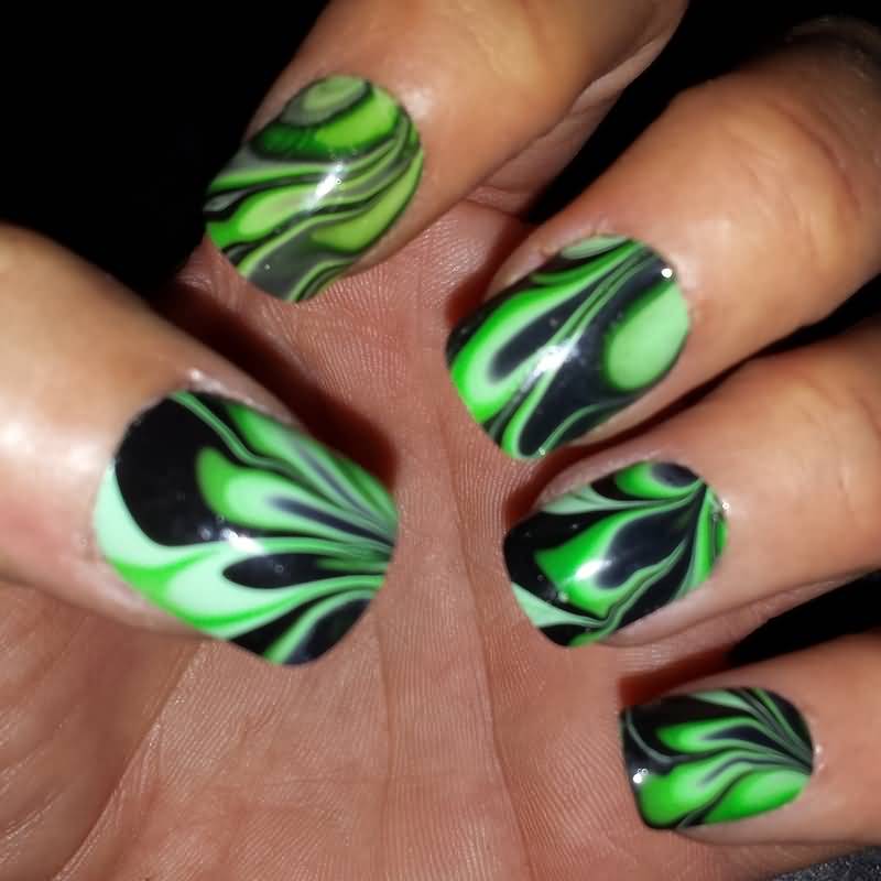 Black And Green Water Marble Nail Art Design