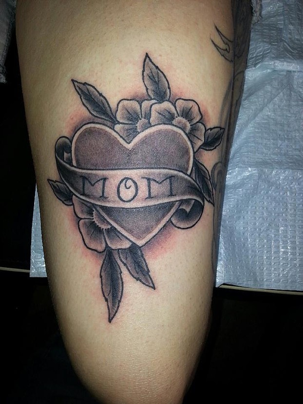 Black And Grey Mom Heart Tattoo On Arm