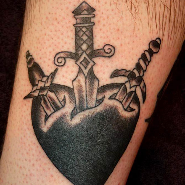 Black And Grey Three Dagger In Heart Tattoo