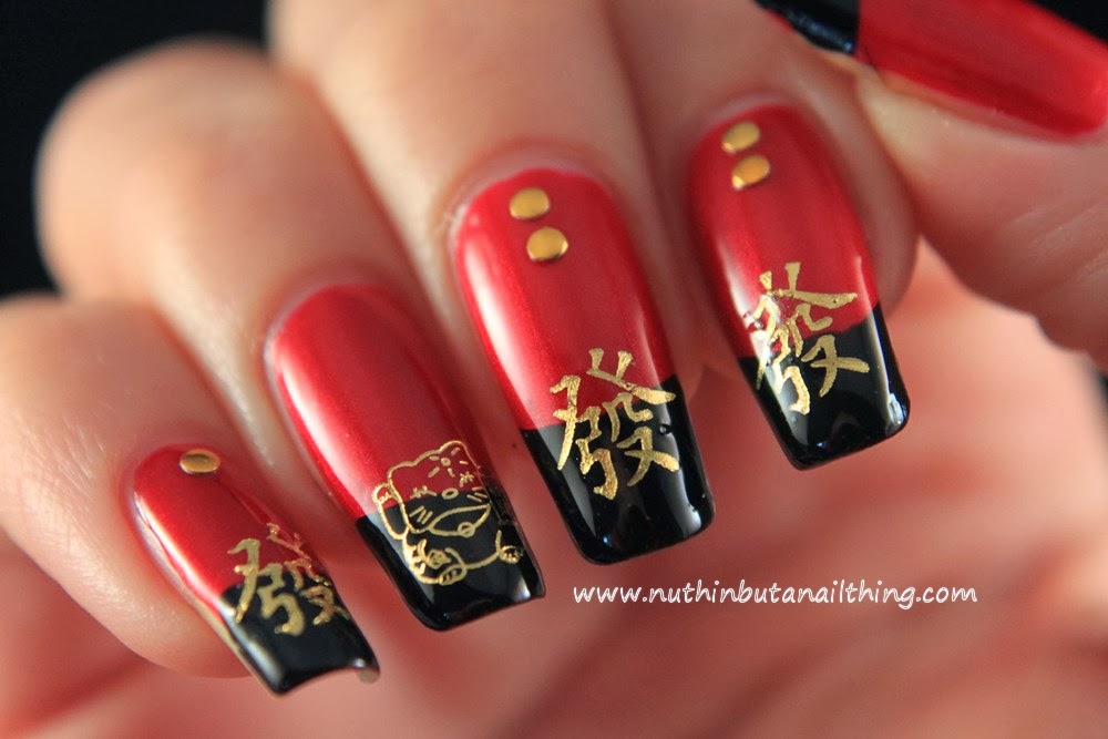 Black And Red Nails With Gold Chinese Symbol Nail Art