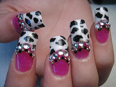 Black And White Leopard Print With Rhinestones Design Japanese Nail Art