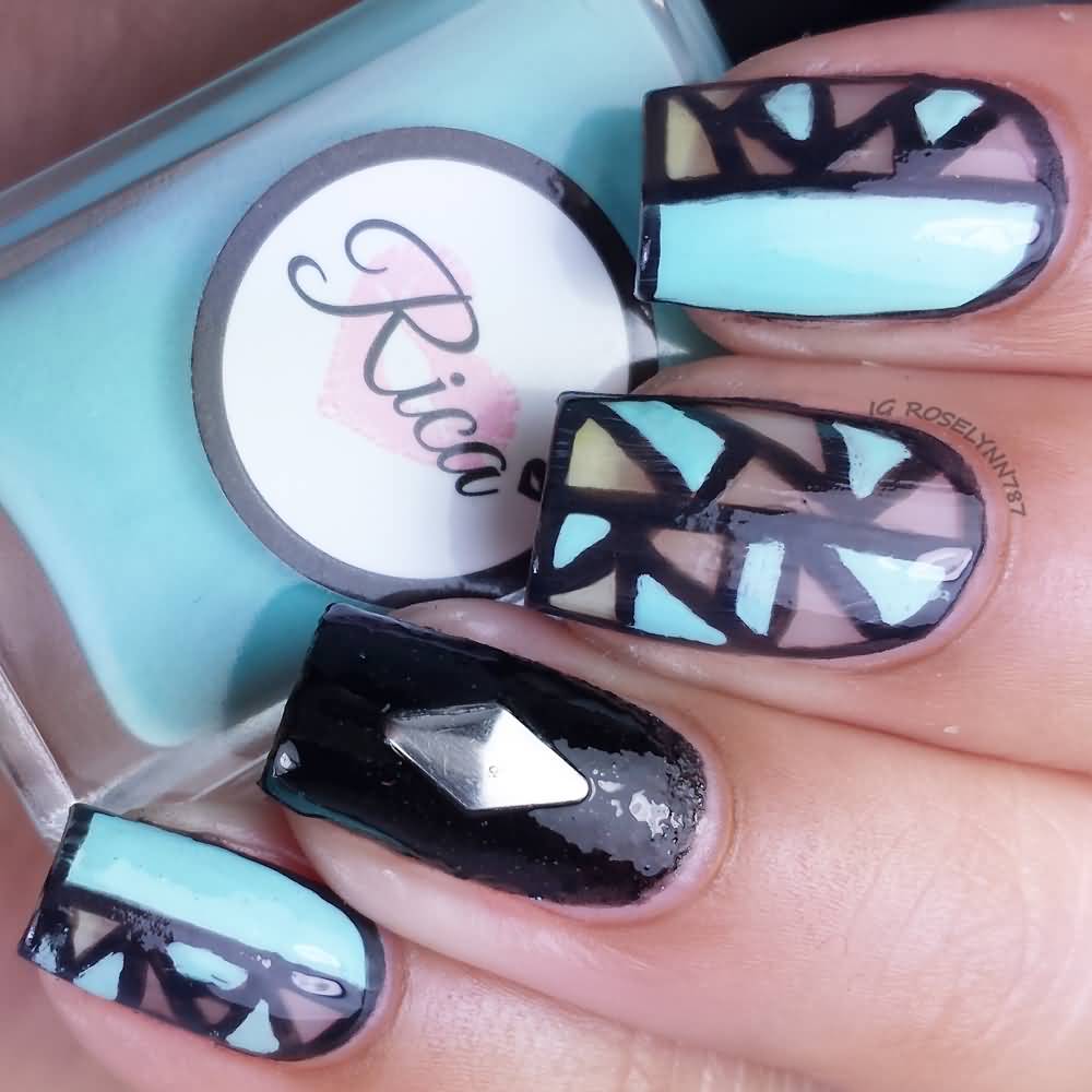 Black And White Negative Space Nail Art With Silver Stud Design