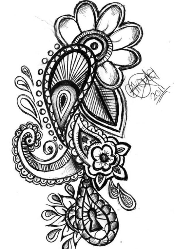 Black And White Paisley Pattern Flower Tattoo Stencil