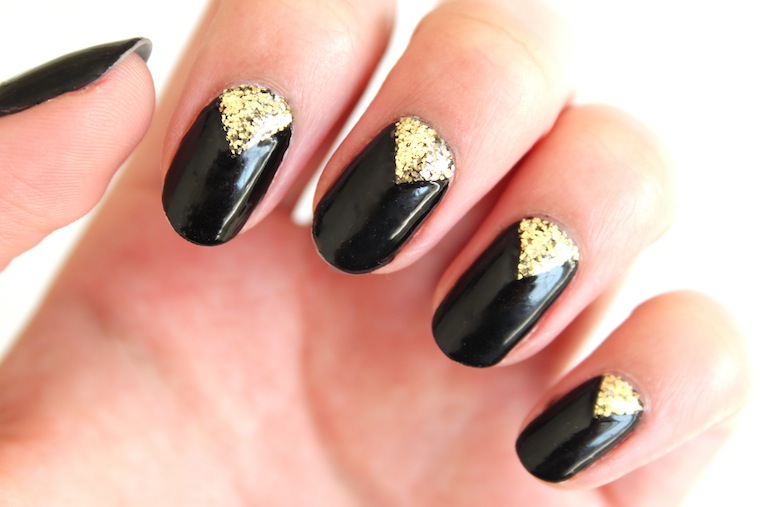 Black Glossy Nails With Gold Glitter Half Moon Nail Art