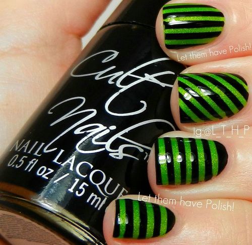 Black Glossy Nails With Green Stripes Nail Art