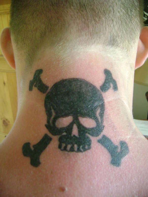 Black Jolly Roger Tattoo On Nape For Men