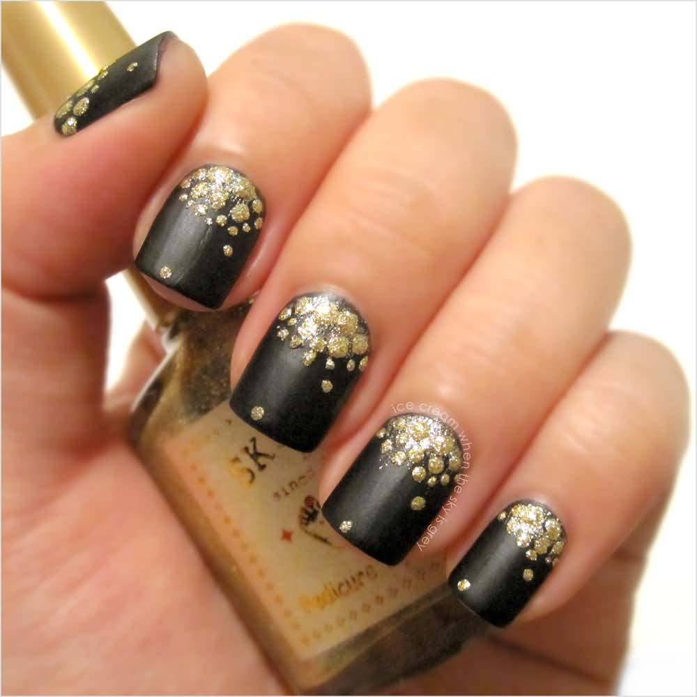 Black Nails With Glitter Polka Dots Half Moon Nail Art