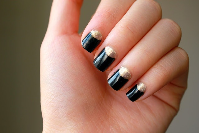 Black Nails With Gold Half Moon Nail Art