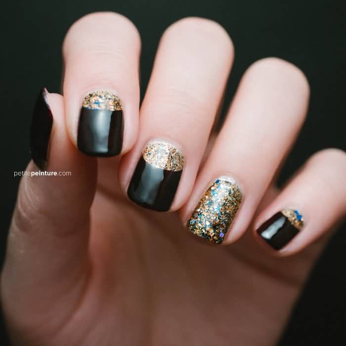 Black Nails With Gold Sparkle Glitter Half Moon Nail Art
