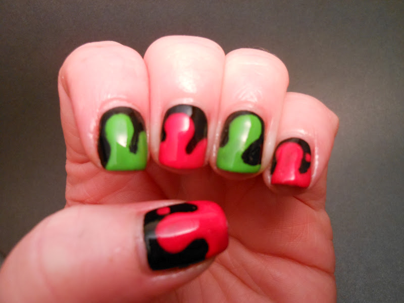 Black Nails With Green And Pink Acrylic Nail Art Design Idea