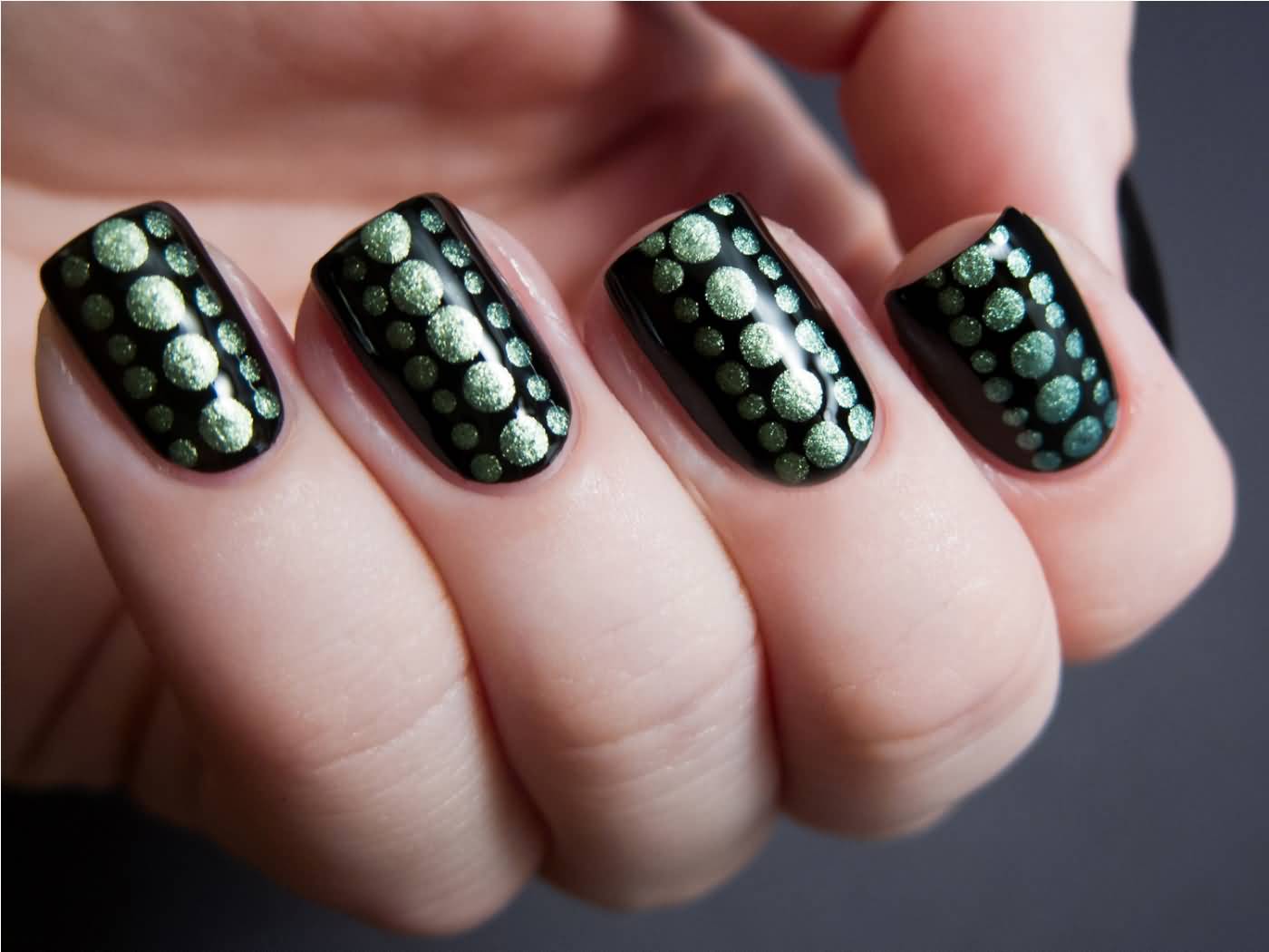 Black Nails With Green Polka Dots Nail Art