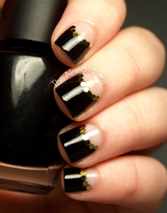 Black Nails With Half Moon Nail Art And Glitter Sequins