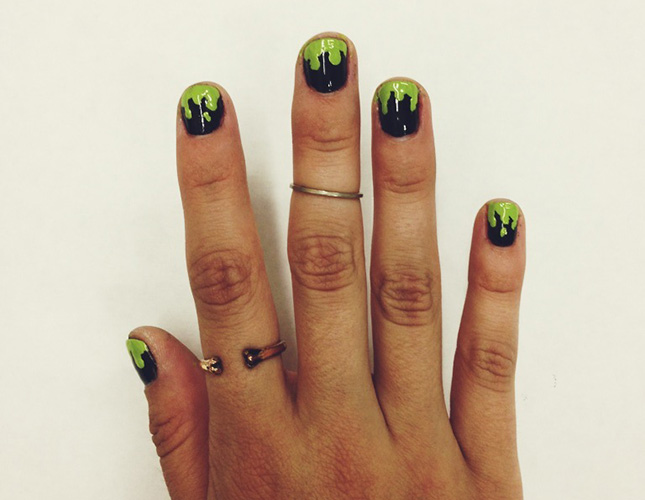 Black Nails With Melted Green Nail Art Design Idea