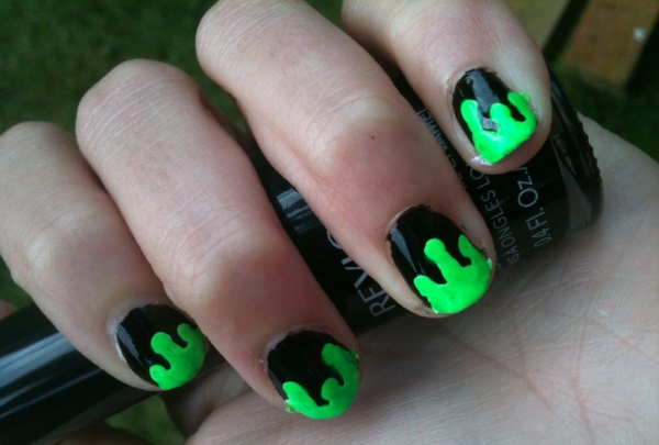 Black Nails With Neon Green Nail Art Design