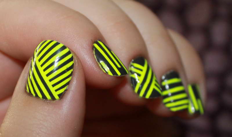 Black Nails With Neon Green Stripes Design Nail Art