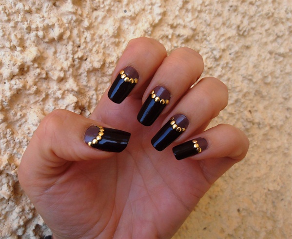 Black Nails With Red Half Moon Nail Art And Gold Caviar Beads Design Idea
