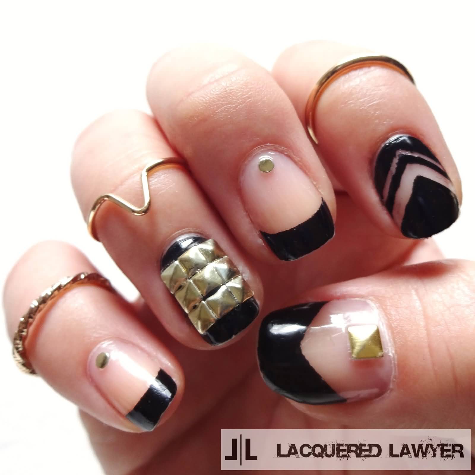 Black Negative Space Nail Art With Gold Caviar Beads Design