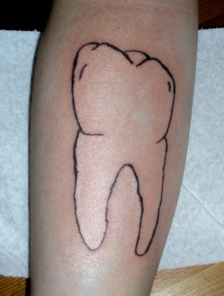 Black Outline Molar Tooth Tattoo On Forearm