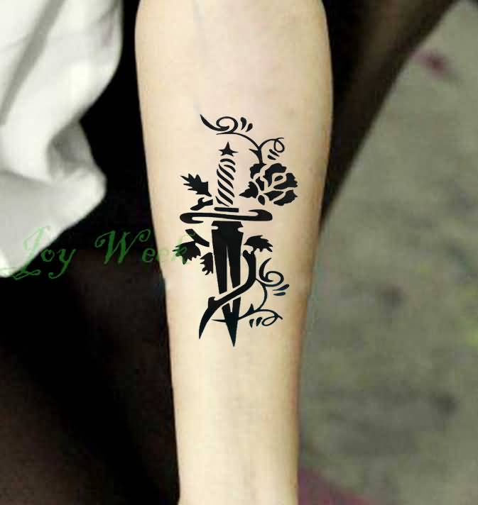 Black Temporary Dagger And Rose Tattoo On Forearm
