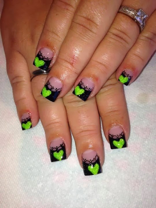 Black Tip Nails With Green Heart Nail Art