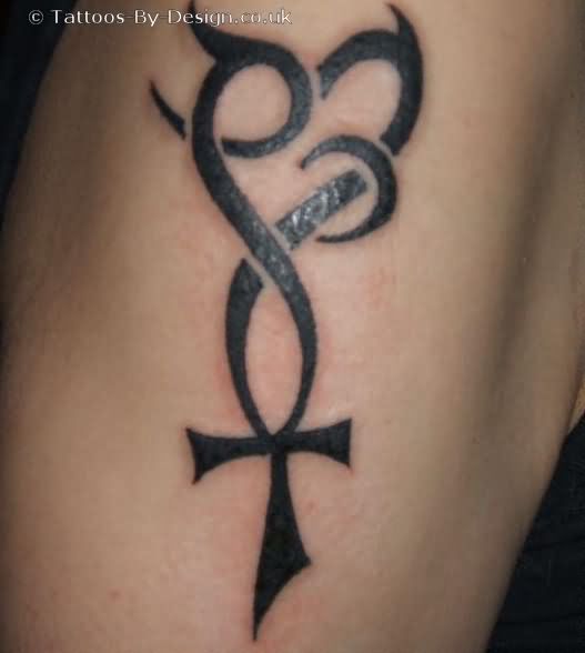 Black Tribal Love Cross Tattoo