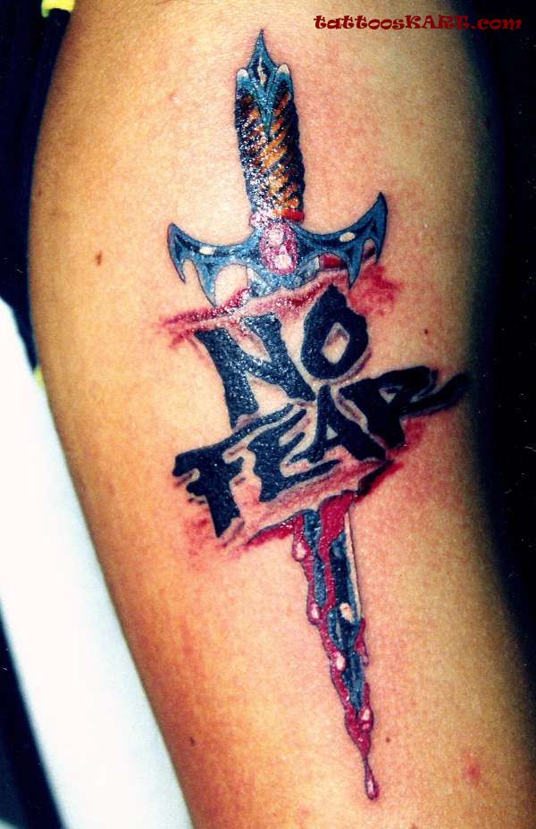 Bleeding Dagger With No Fear Words Tattoo