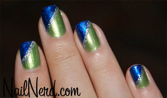 Blue And Green Diagonal Nail Design Idea