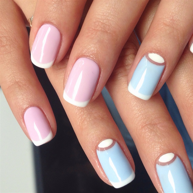 Blue And Pink With White Half Moon Nail Art