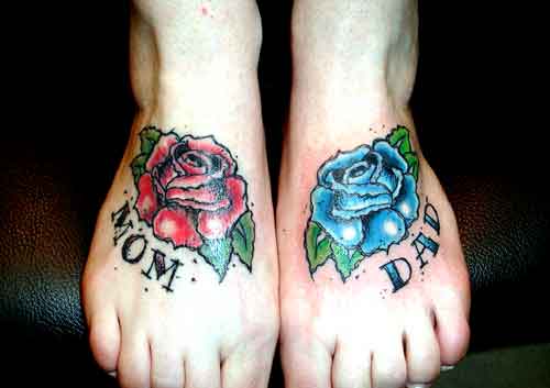 Blue And Red Rose Mom Dad Tattoos On Both Foot