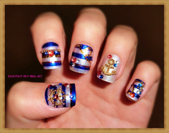 Blue And Silver Stripes With Nautical Japanese Nail Art