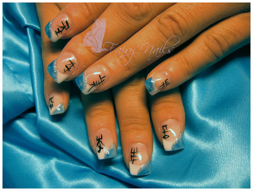 Blue And White Tip With Chinese Symbols Nail Art